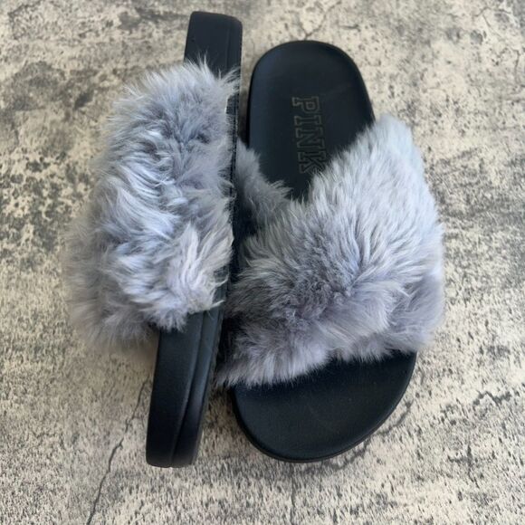 Victoria Secret PINK  Faux Fur Blue Grey and Black Slides Limited Edition Size 7 - Picture 8 of 9
